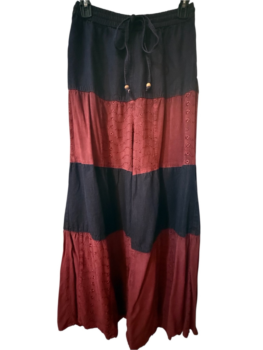 NWOT Young Threads Boho Patchwork Embroidered Wide Leg Pants Size Small - Wine